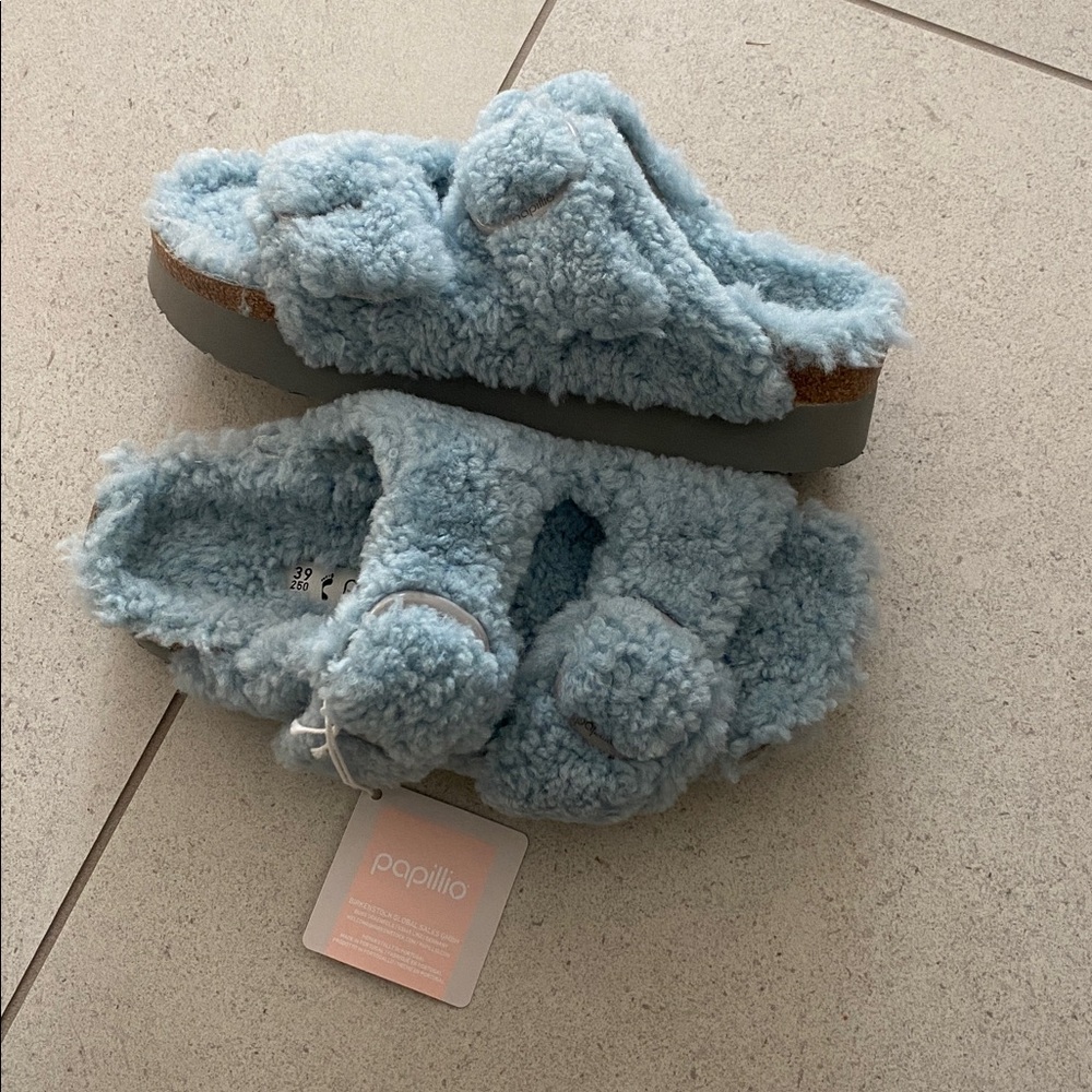NWT $140 Papillio Birkenstock Arizona Big Buckle Teddy Blue 39 / US 8